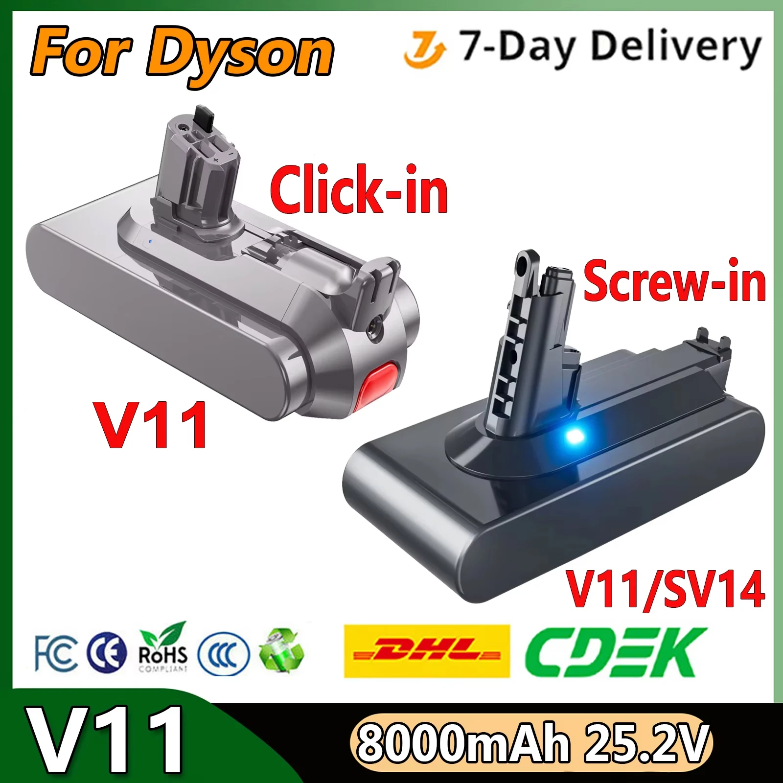Turpow Batteria di ricambio per Dyson V11 25.2V 8000mAh per V11 con attacco a vite / a scatto SV14 Batteria ricaricabile