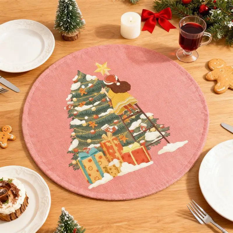 VIKAMA Cream Round Christmas Gingerbread Rocking Horse Gift Candle Linen Placemat Table Mat Dining Decor Kitchen Soft Durable