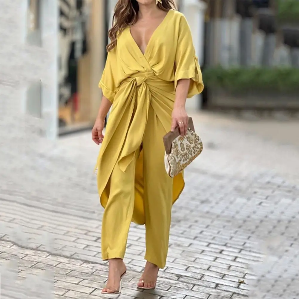 OL Style Women Jumpsuit Deep V Neck Pleated Knot Irregular Hem Dress-up Ankle Length Commute Women Jumpsuit Lady Garment