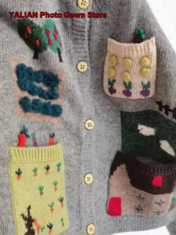 《In Stock》Girls Knit Spring Fair Isle Gray Cashmere Coat with Embroidery for Baby Boys Kids