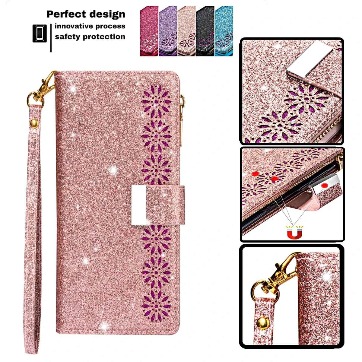 

Zipper Wallte Magnetic Flip Leather Case For iPhone 16 15 14 13 12 11 X XR XS Pro Max Mini 7 8 Plus SE2020 Starlit Sky Glitter