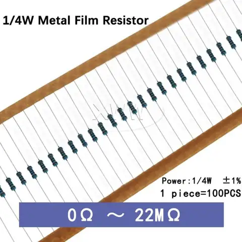 100PCS 1/4W Metal Film Resistor 1% Ring Power Resistor 0.1~22M 2 4.7R 5.1R 10R 47R 100R 220R 360R 470 1K 2.2K 10K 22K 4.7K 100K