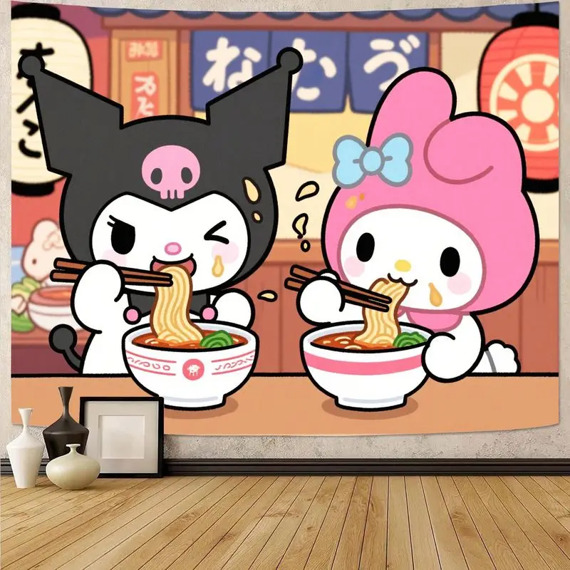 

1PC Sanrio Kuromi My Melody Eating Ramen Tapestry Kawaii Anime Polyester Wall Art for Bedroom Dorm Living Room Decor Gift.