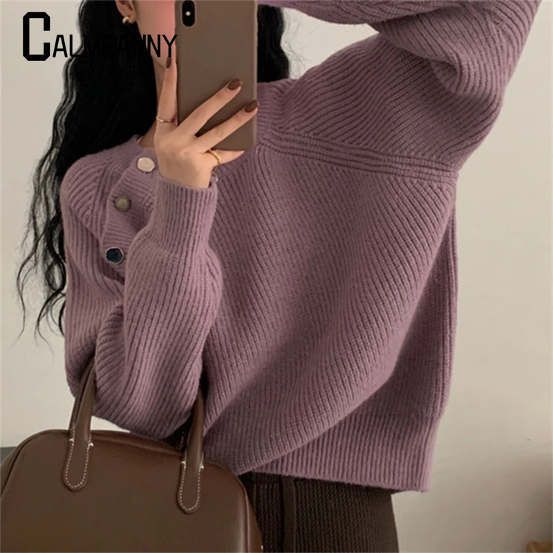 Vintage 2024 Autumn Winter Knitted Loose Sweater New Style Fashion Women O Neck Diagonal Button Thick Warm Stright Pullovers