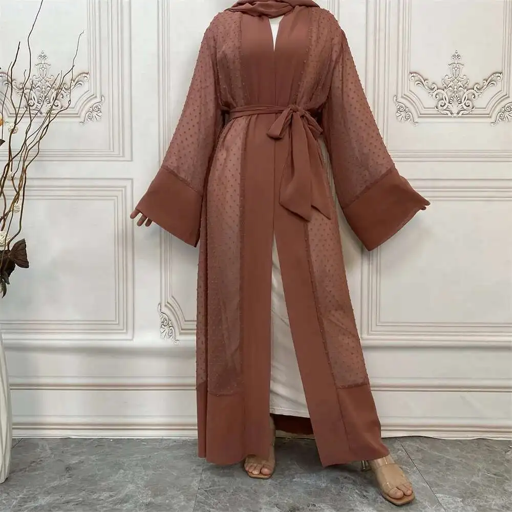 

Muslim Polka Dot Loose Tie Long Sleeved Cardigan Robe, Women Can Order and Receive Headscarf 1937 Dubai Luxury Islam Elegant