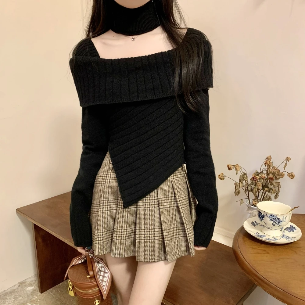 Solid Sweaters Women Slim Square Collar Irregular Hotsweet Spring Autumn Popular Minimalist Lounge American Style Simple Stylish