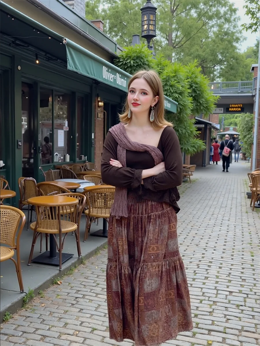 กระโปรงยาวพิมพ์ลายวินเทจสำหรับผู้หญิง ผ้าทูลล์ตาข่ายประดับลูกไม้ ผูกเชือกเอว ทรงเอไลน์ไม่สมมาตร สไตล์ชิค เหมาะสำหรับใส่ไปเที่ยวคลับหรือใส่ลำลอง น้ำหนักเบา