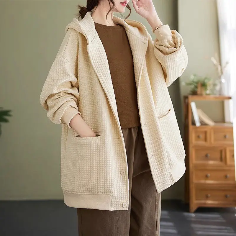 Women's Quilted Hooded Cardigan Long Sleeve Sweatshirt Casual Coat Loose Art Retro Large Size Autumn Winter New Z3436