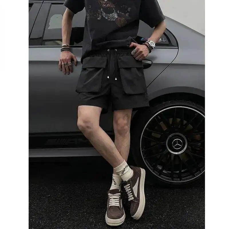 Men's Summer Casual Shortshigh Street Vibe Workwear Shorts With Large Pockets Loose Elastic Waist Wide Leg Pants OLLS