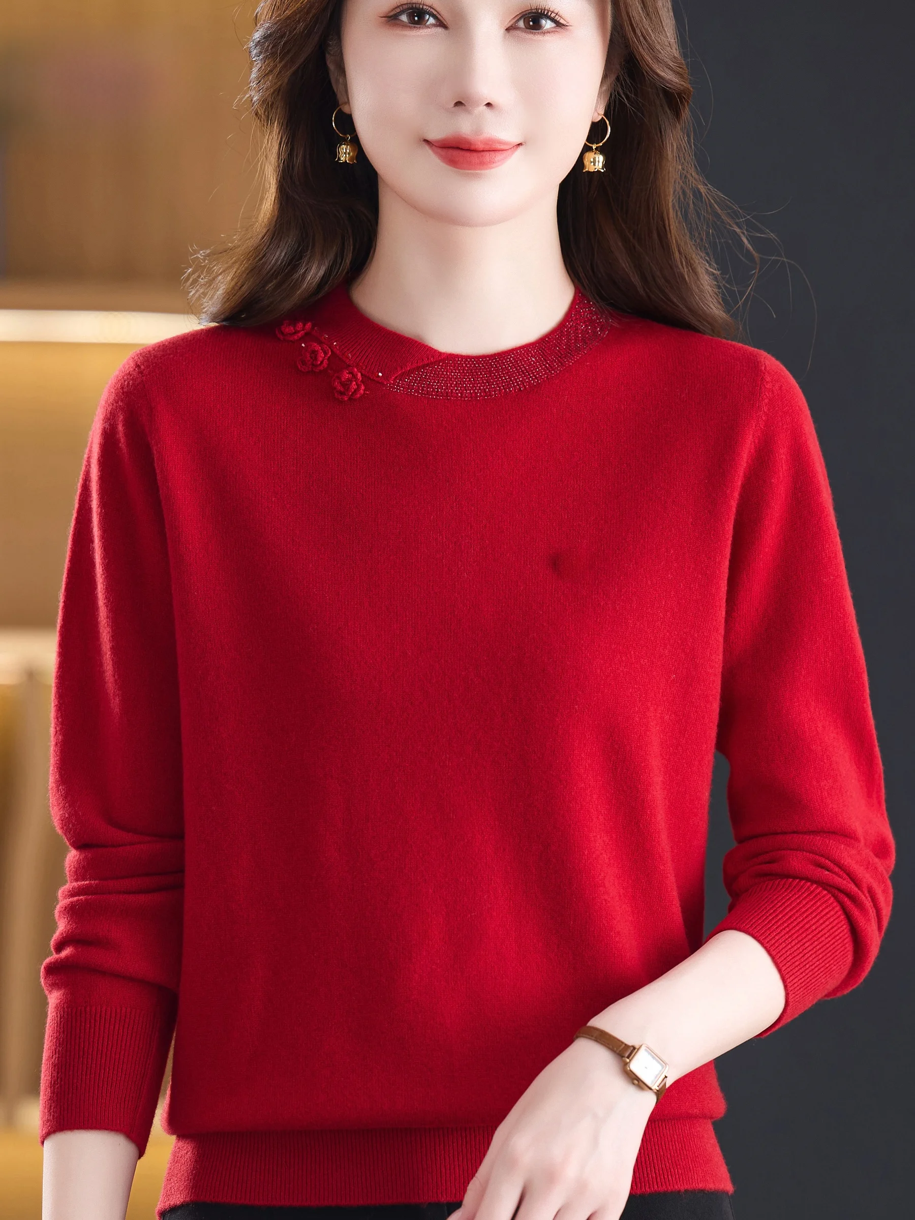 

Faionable Knitted Pure Wool Red round Ne Sweater Women's Mid-aged Mommy Sle Base Layer irt Breathable Loose Fit ...