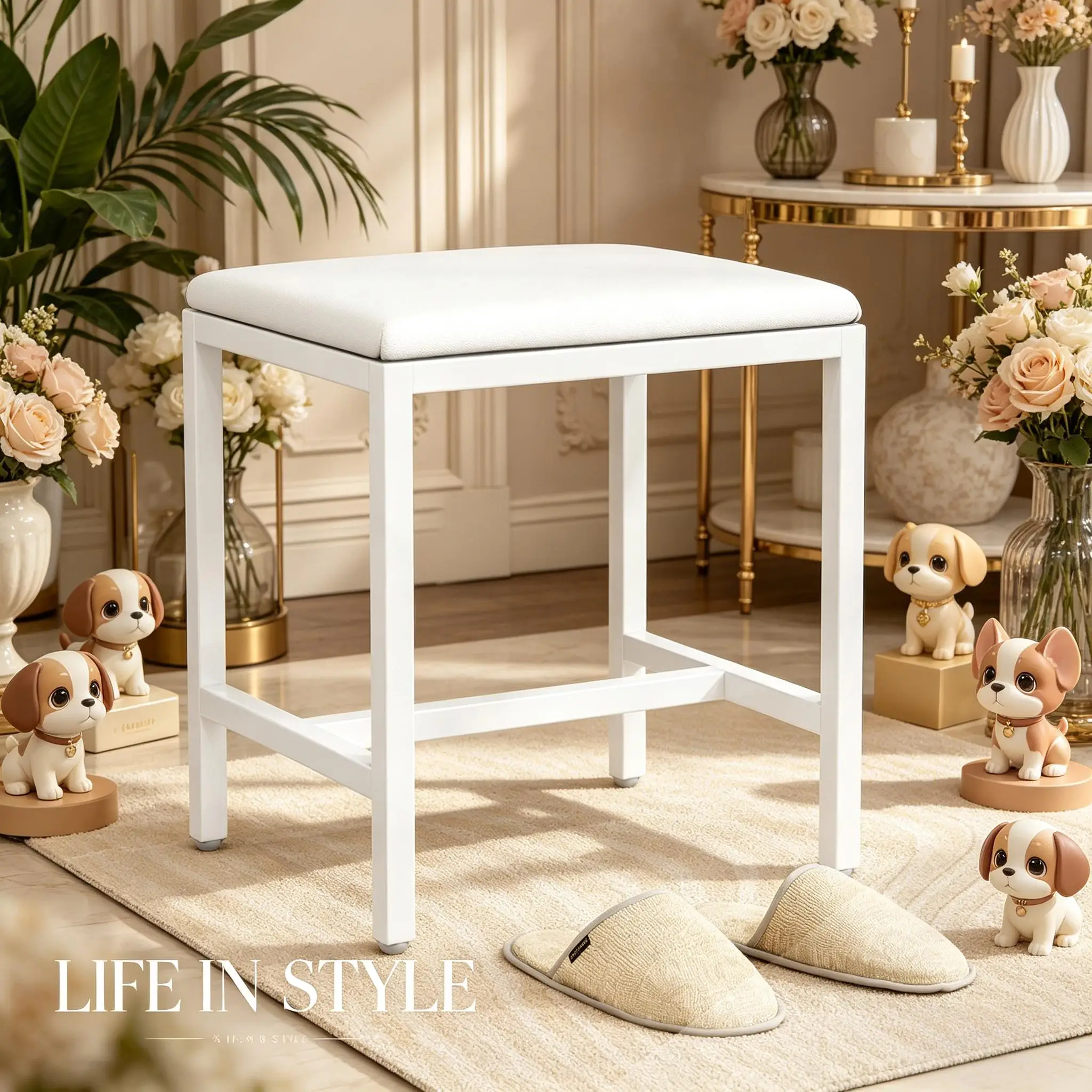 

Modern Padded Makeup Vanity Stool, Soft Cushion Dressing Chair Bench, Sturdy Structure Bedroom Furniture