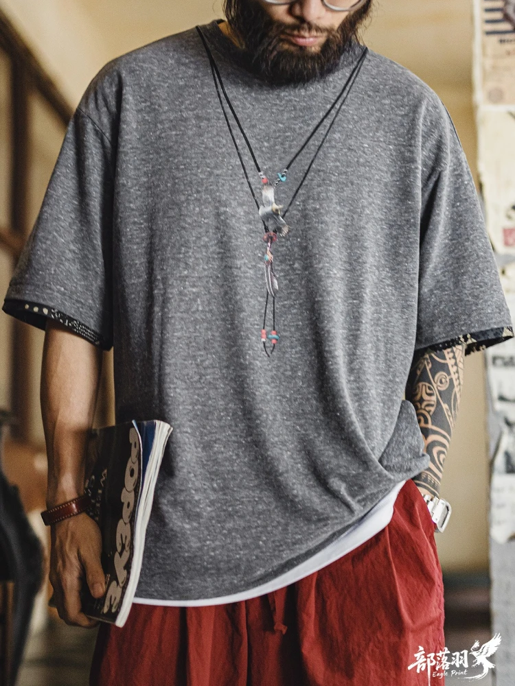 Maden Summer Men's Vintage T-Shirts Tribal Eagle Necklace Print Tops Oversize Loose Retro Workwear Casual Knit Patchwork Tee