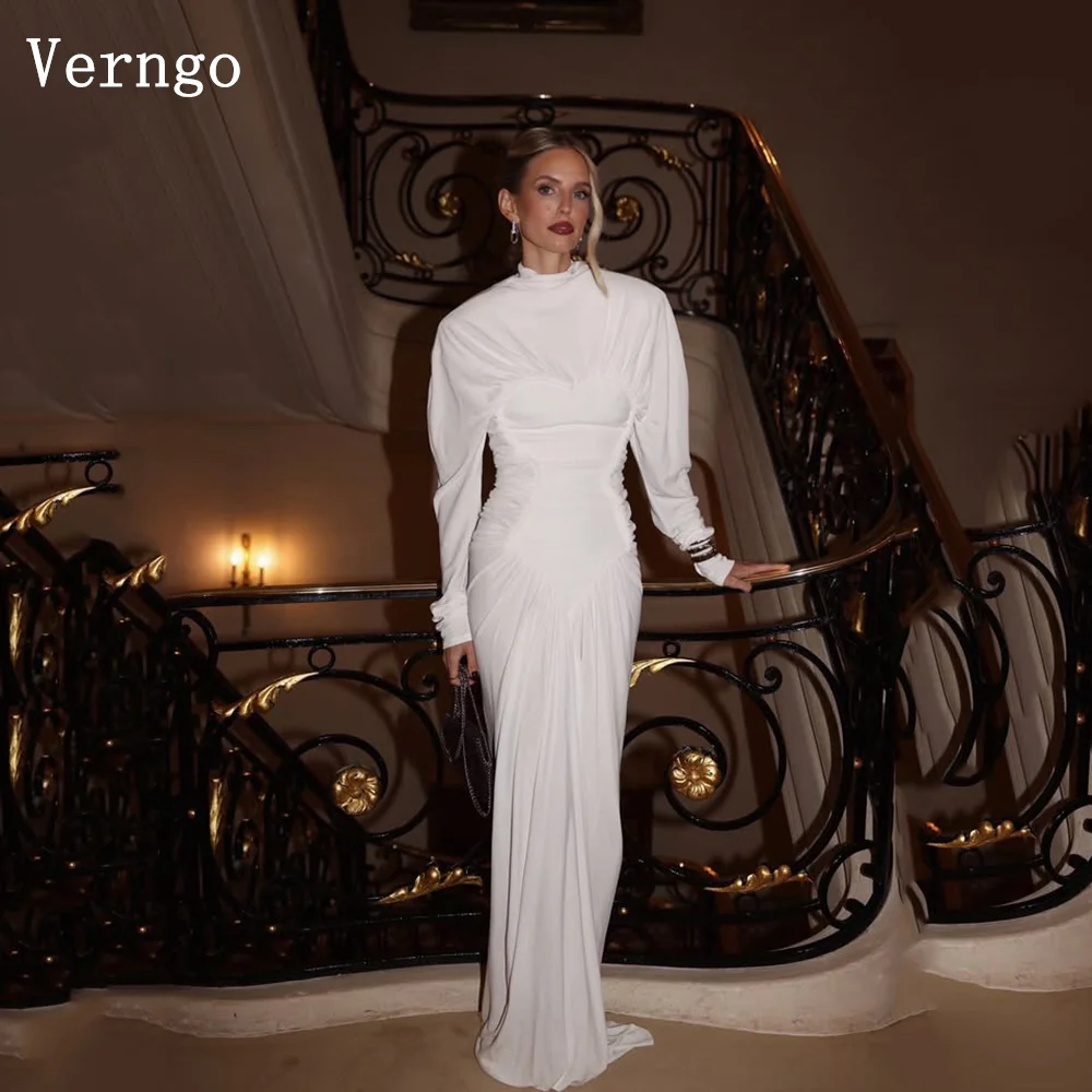 

Verngo белое креповое вечернее платье с высоким воротом и длинными рукавами, торжественное платье, элегантное простое платье для выпускного вечера по индивидуальному заказу