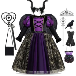 Traje de bruxa infantil para meninas, vestido preto gótico fantasma para meninas, festa de carnaval, roupas de princesa de Halloween