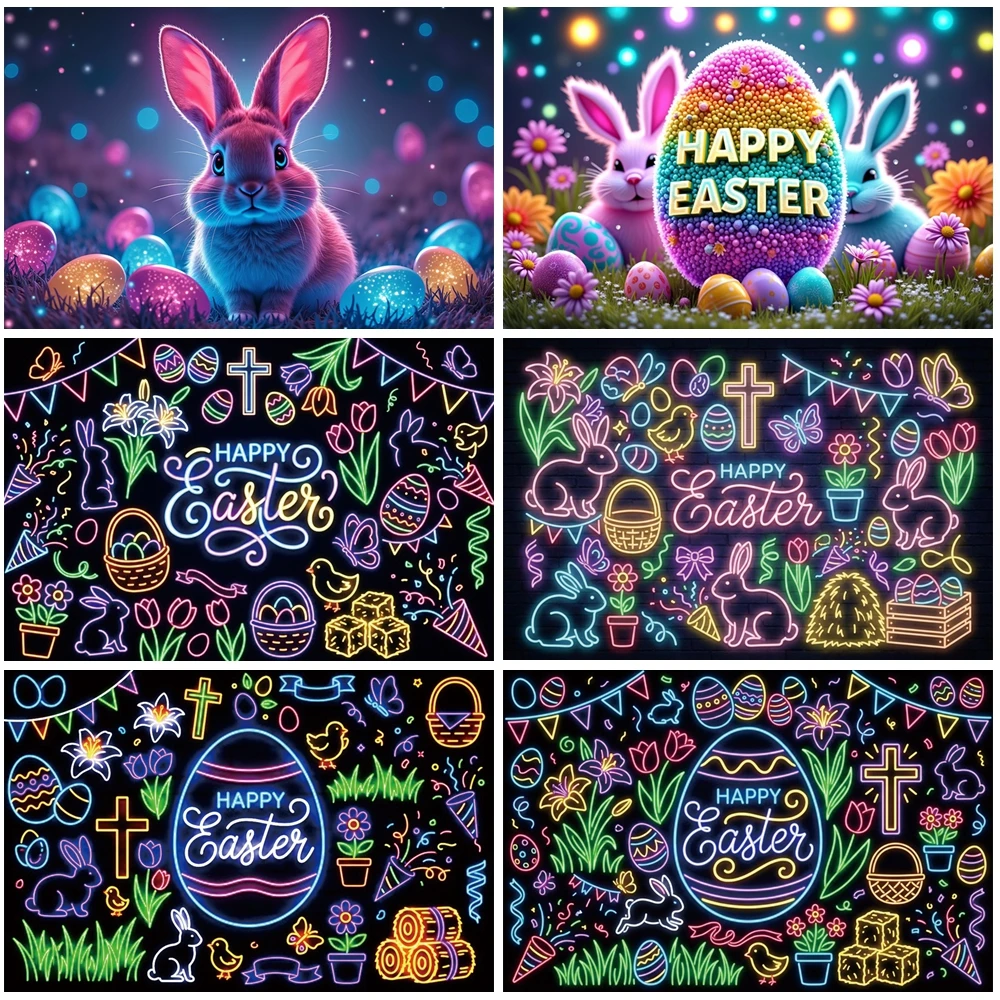 

MOON.QG Neon Easter Bunny Background Photography Rabbit Egg Light Backdrop Product Photocall Photography Props Photozone Studio