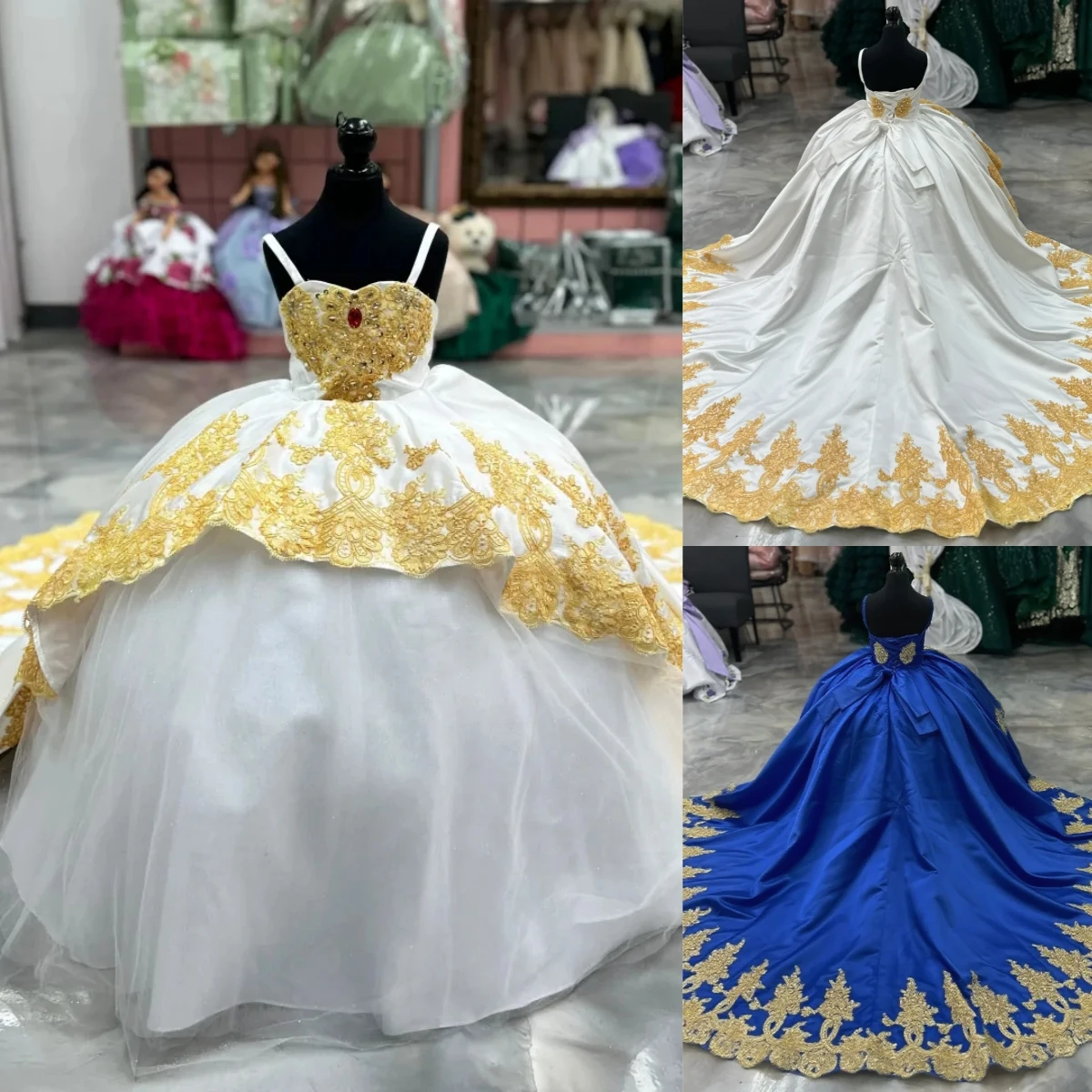 

Magnifice Quality Satin Fluffy With Gold Lace Applique Flower Girl Dresses For Girls Wedding Birthday Party Evening Ball Gowns