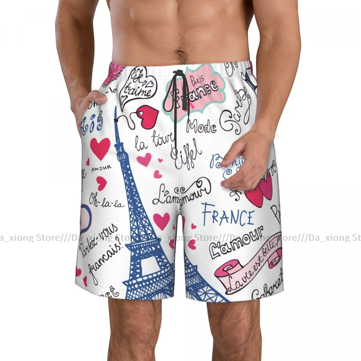 Man Swimwear Paris Eiffel Love Words Swim Shorts Trunks Beach Board Shorts Swimming Swimsuits