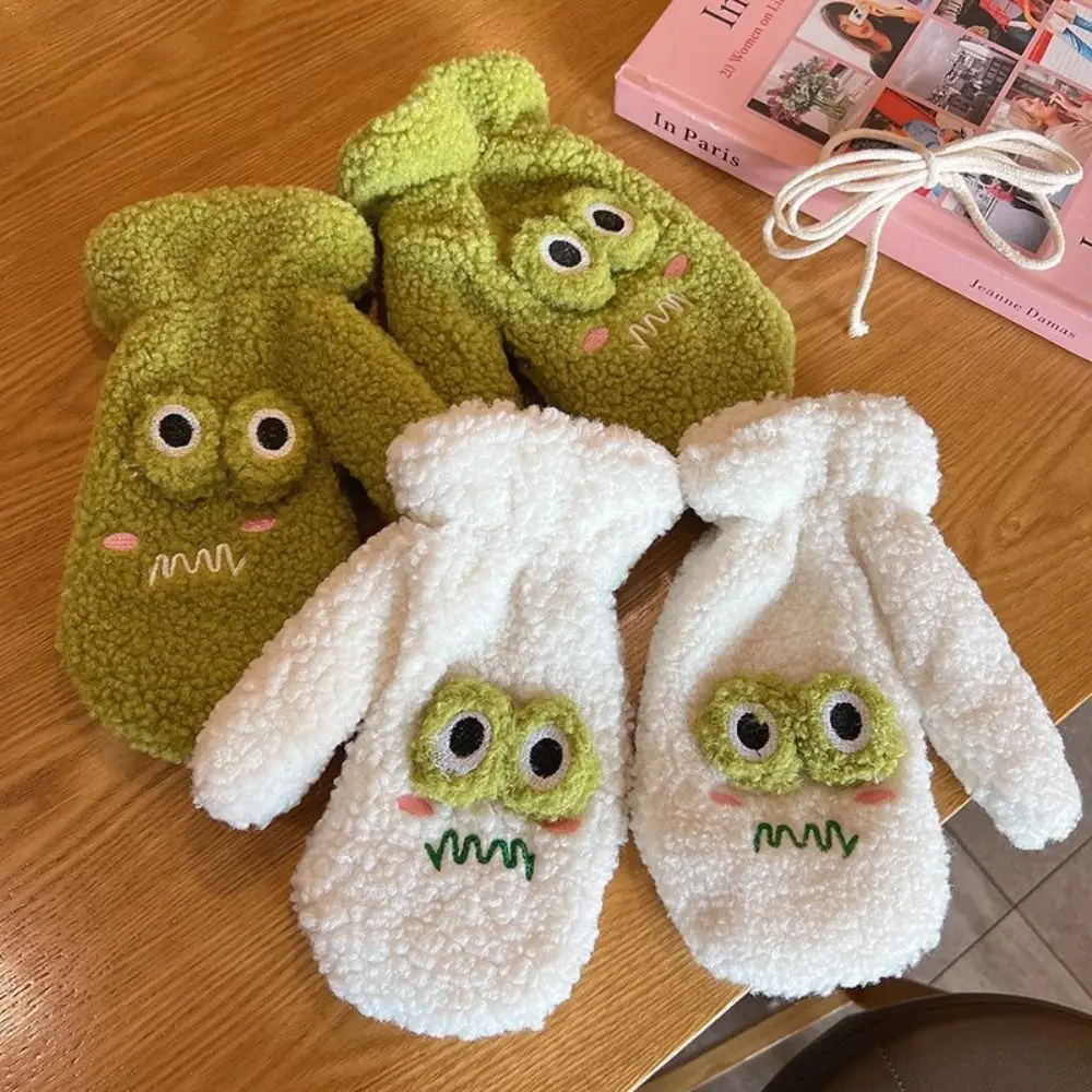 

Cute Cartoon Frog Design Plush Gloves Winter Warmer Thicken Fingerless Mittens for Women Girls Soft Lamb Fleece Gloves