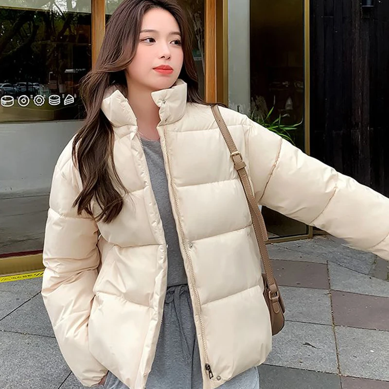 

2023 Winter Thicken Stand Collar Loose Bread Jacket Women's Fashion Casual Short Down Cotton Coat Solid Color Zipper Outerwear