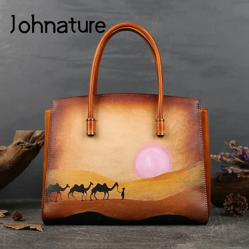 

Johnature Hand Painted Landscape Genuine Leather Women Tote Bag 2024 New Vintage Nature Cowhide Designer Luxury Handbag