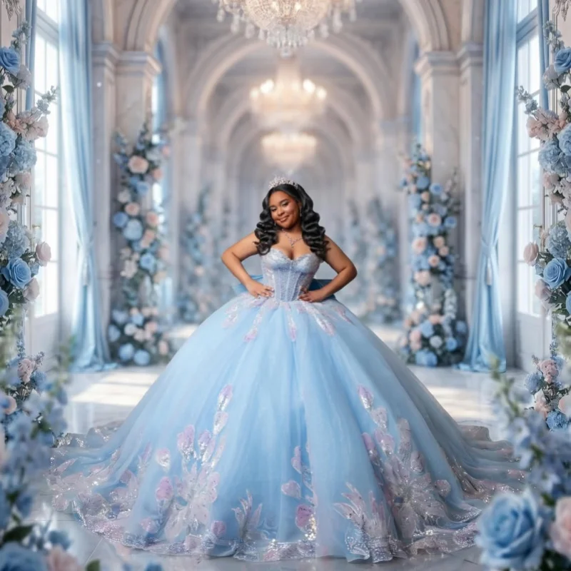 

Light Blue Quinceanera Dress off-shoulder Glitter Flower Decal Lace Long tail Bow vestidos de 15 Quinceanera ﻿Customize