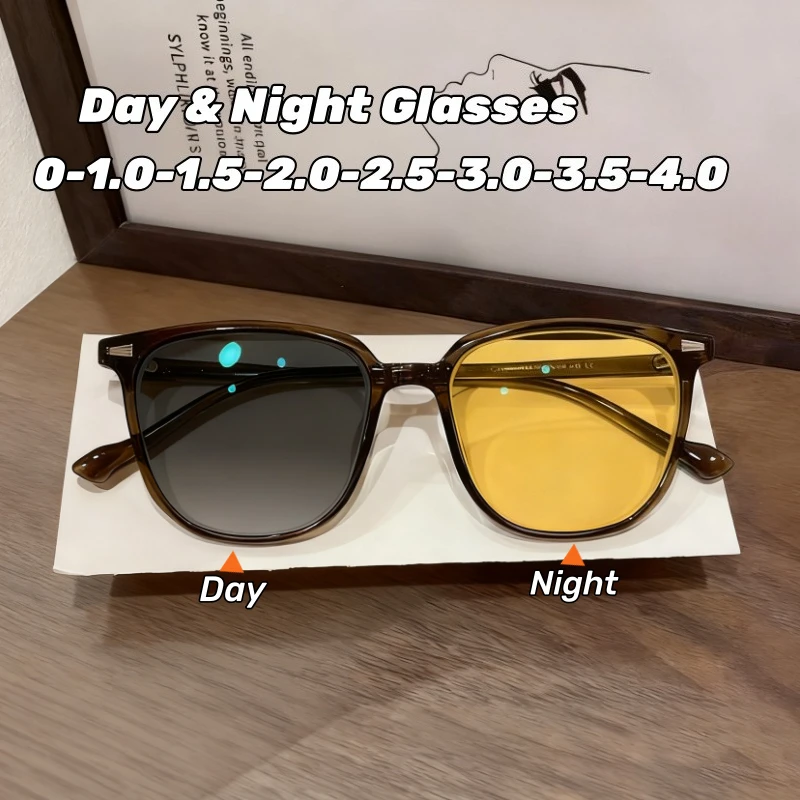 

Day & Night Vision Photochromic Myopia Glasses Large Frame Square Anti-Glare Driving Glasses UV Protection Turn Grey Goggles