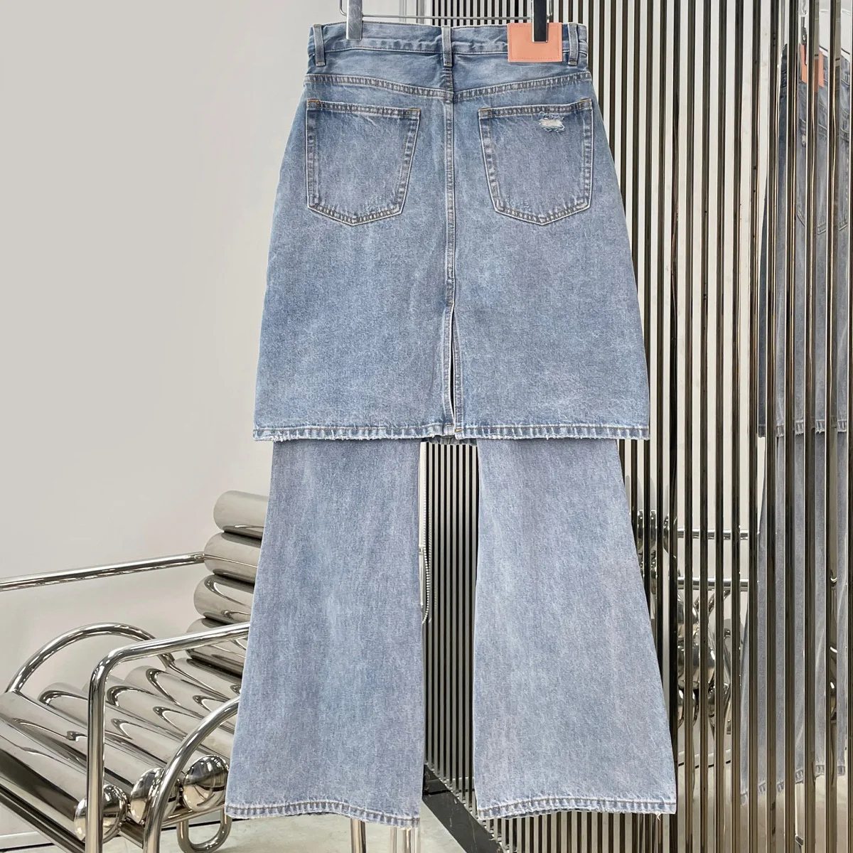 High Quality Women 2 In 1 Denim Pants Ripped Layered Skirt Front Flare Jeans Vintage Washed lyt133410