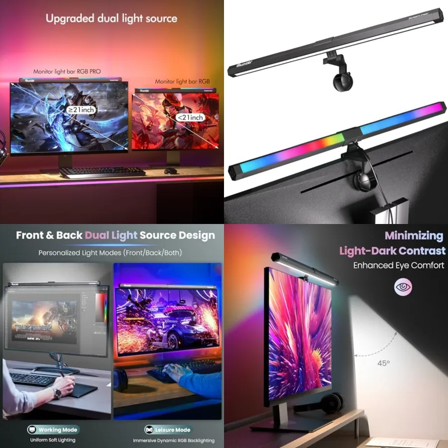 

Monitor Light, Eye-Care Dual Light Computer Light Bar Gaming Office Desk Lamp, 15 Modes Dimmable Backlight, 3 Color Temperature