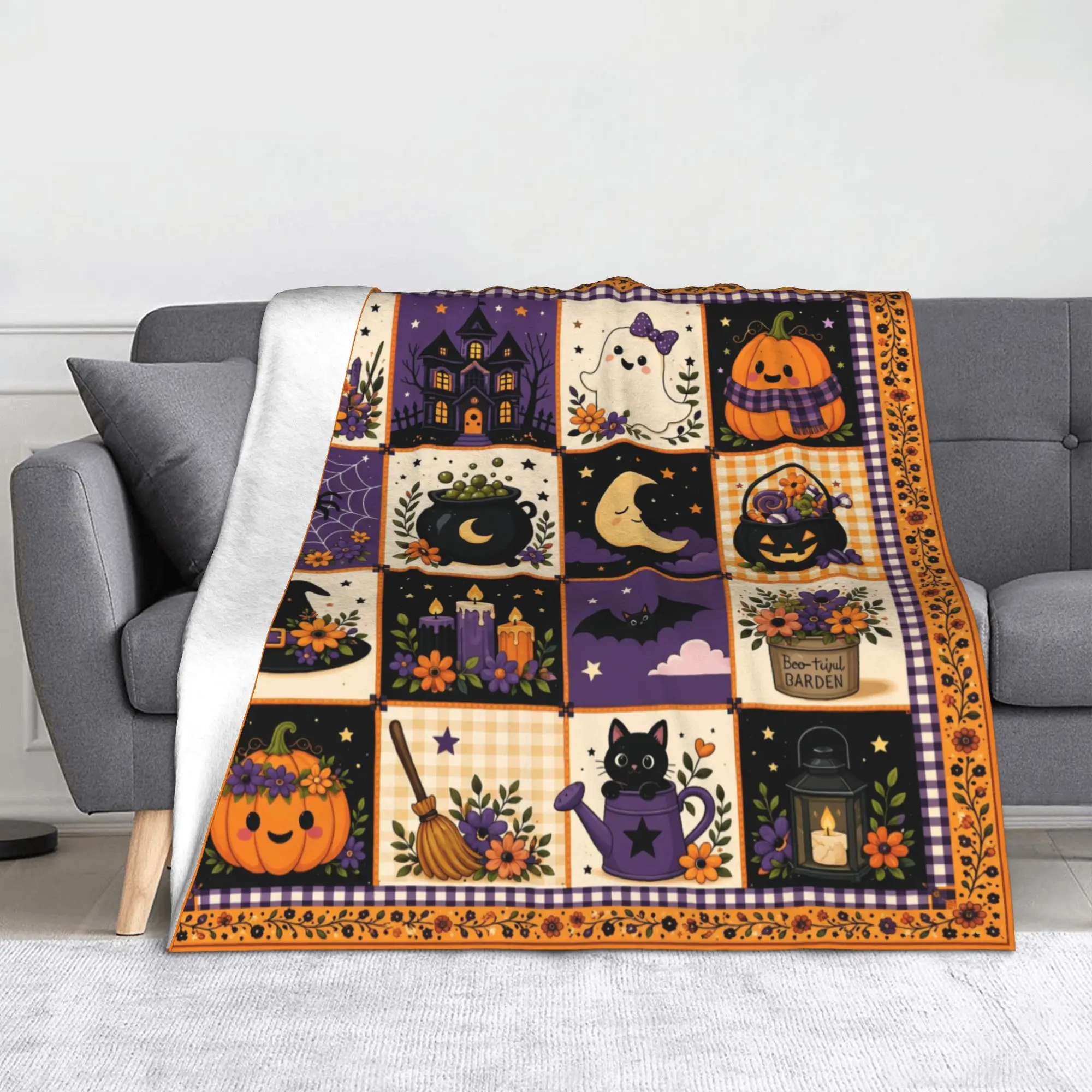 Halloween Black Cats Knitted Blankets Flannel Witchy Kitty Super Soft Throw Blankets for Outdoor Travel Bedroom Quilt