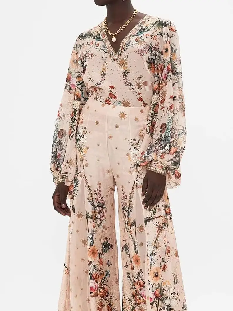 

Women Floral Print Silk Loose Shirt Spring Crystal Beaded V-Neck Lantern Sleeve Fashion Pink Blouse
