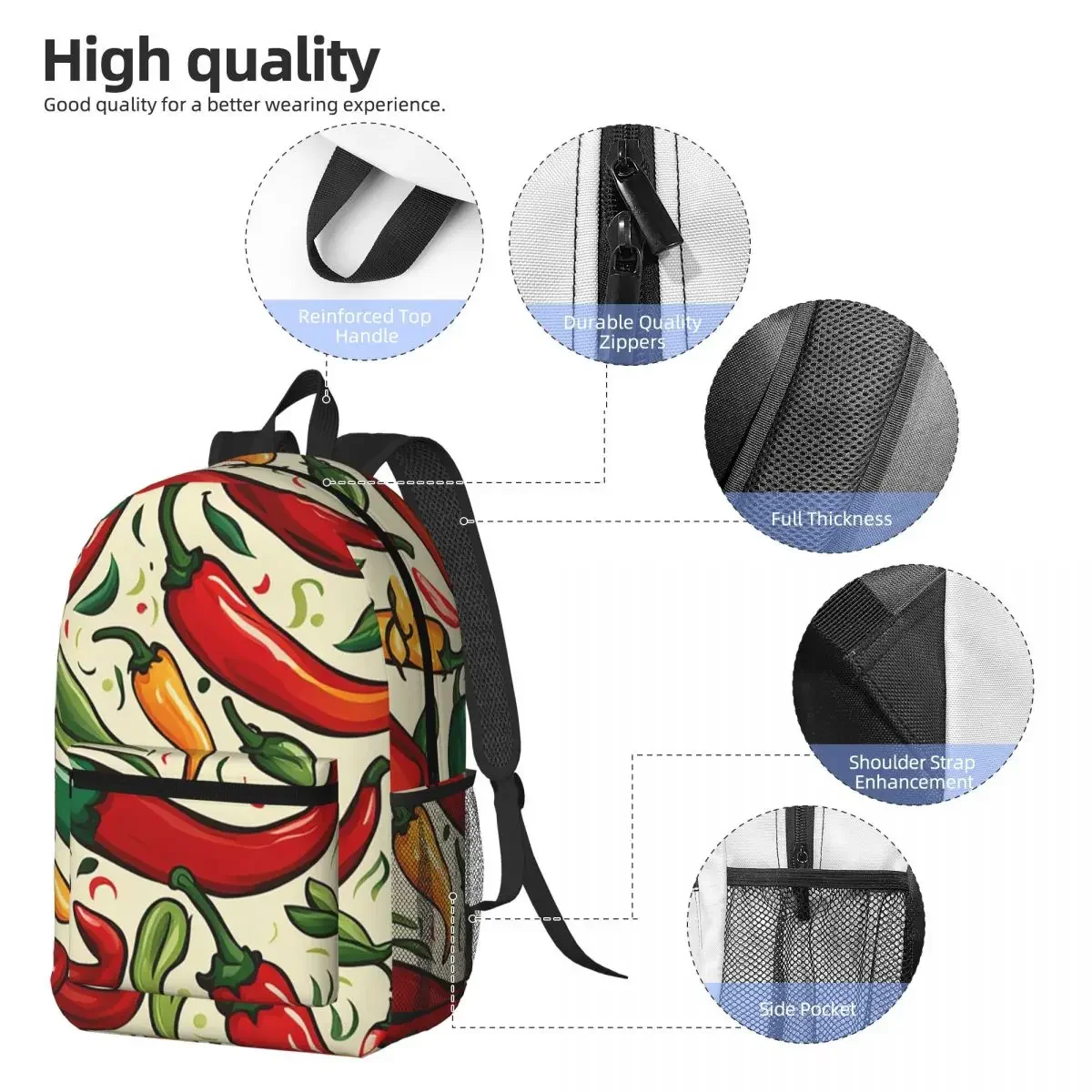 Fresh Colorful Chili Realistic Backpack Daypack Large Capacity Kids BookBag School Bag Shoulder Bags for Men Women