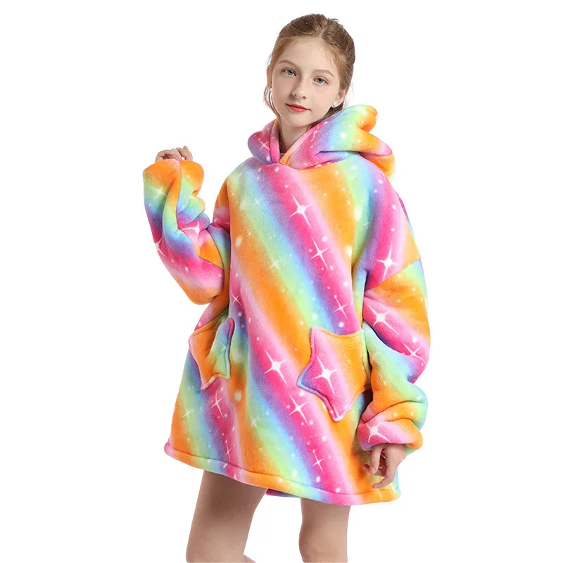 Animal Hooded Oversized Hoodies for Children Outfits Boys Girls Flannel Warm TV Blankets Kids Rabbit Cow Giraffe Clothes Tops