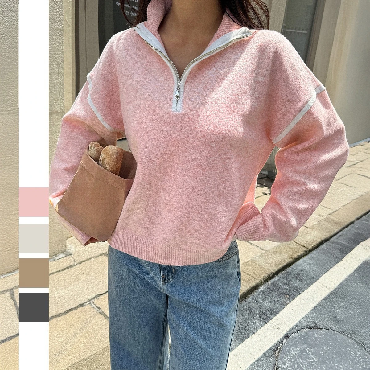 

Women's Sport Hoodie Female Half Zipper Collar Long Sleeve Sweatshirt Loose Spliced Drop Shoulder Pure Color Patchwork Pullovers