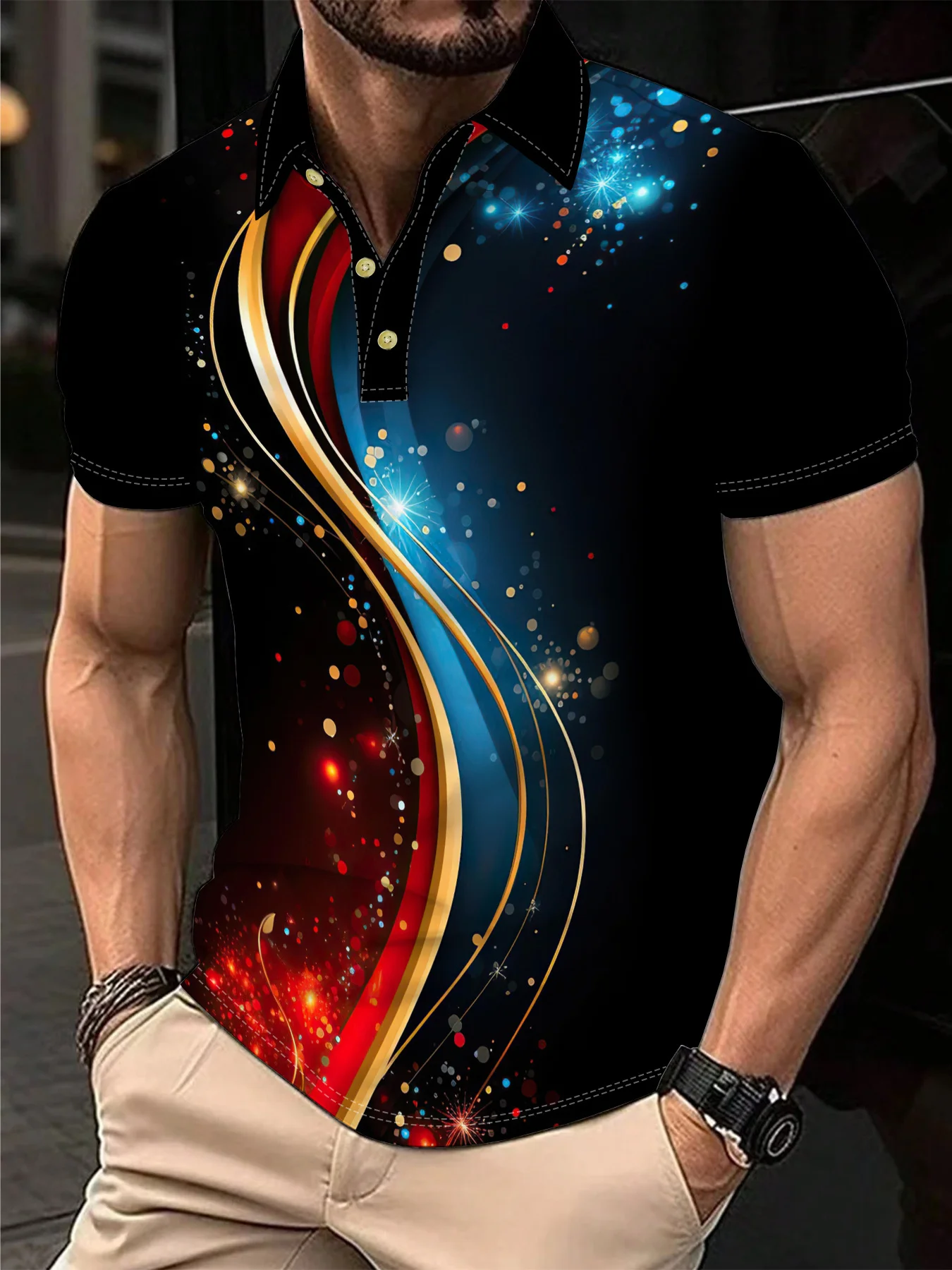 

Colorful Striped Printed Sports Short Sleeved Shirt, Printed Sports Short Sleeved Shirt, Fashionable and Popular Polo Shirt