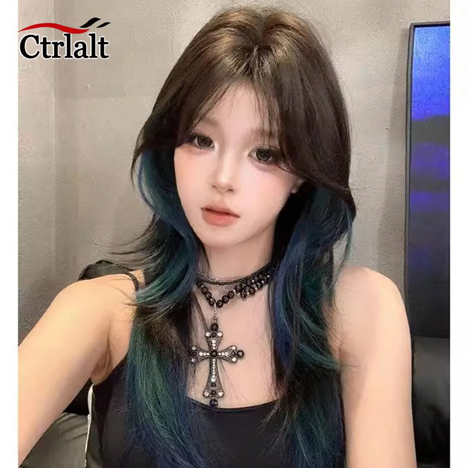Perruque synthétique bleue pour femme, cheveux longs et lisses, à reflets, tête de mulet de méduse, perruque de Cosplay