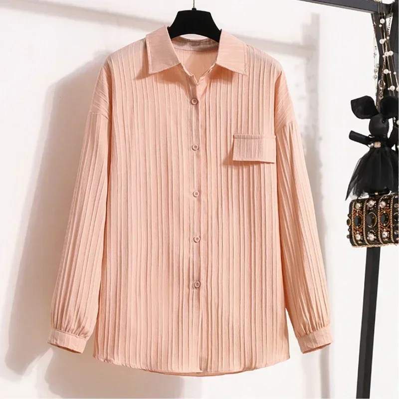 

2025 Fashion Solid Color Long Sleeve Sun Protection Shirt Women's Polo Collar Blouse Elegant Summer Casual Big Size Outerwear
