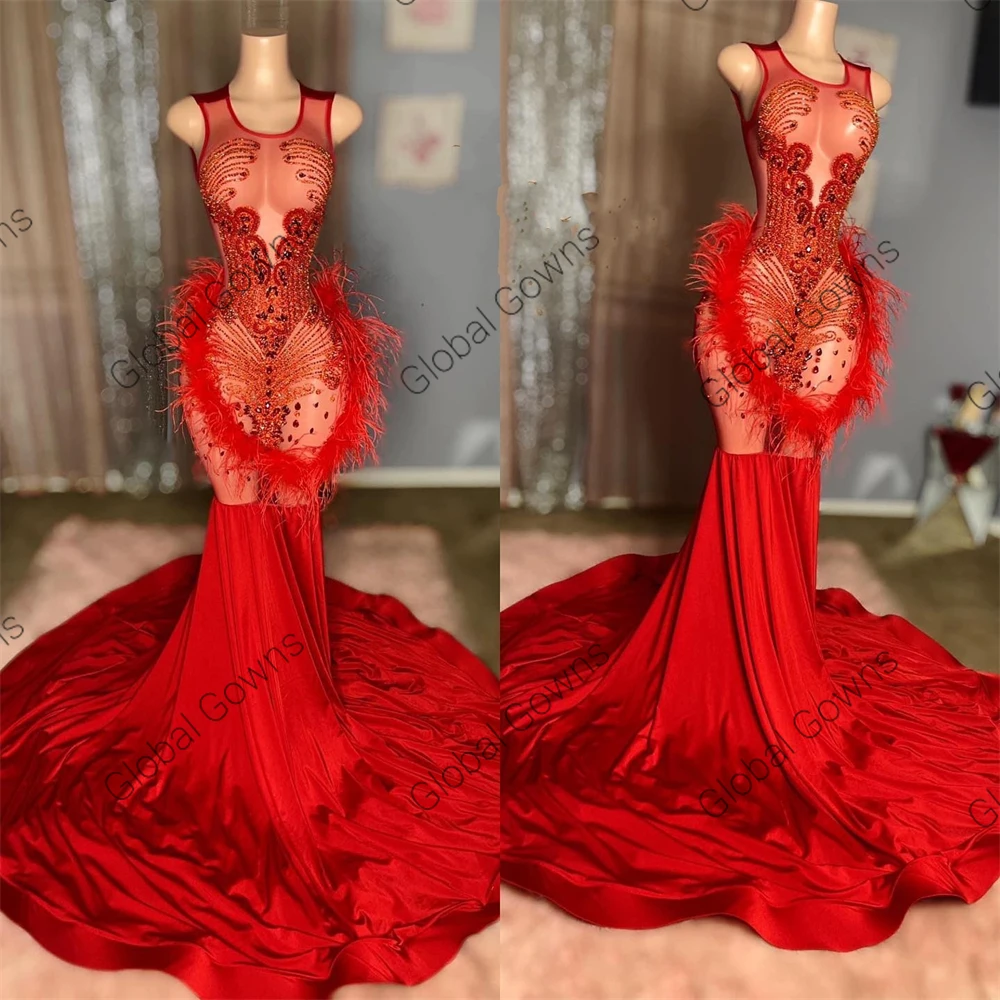 Red Sheer O N Evening Dress Black Girl Bead Crystal Birthday Party Gown Feather Formal Dresses Mermaid Robe De Soiree Customized