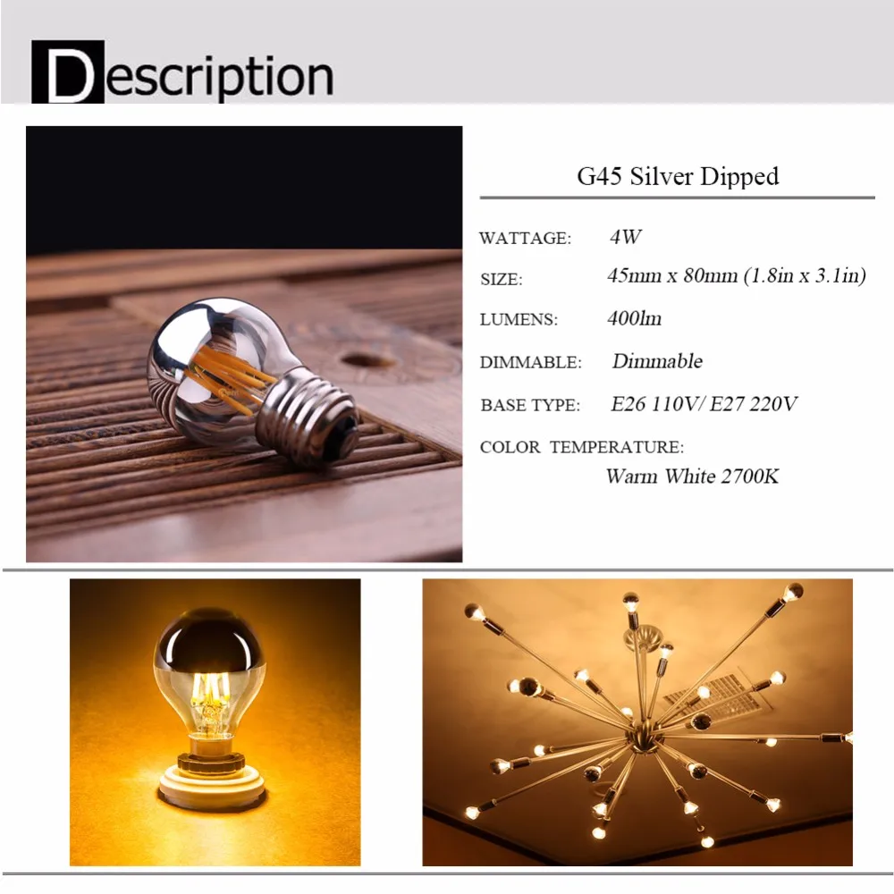 Dimmable Vintage Light Bulb E27 Half Chrome 4W 2700K 220V 110V 40W Equal G45 Pendant Replace LED Filament Light Bulb Decorative