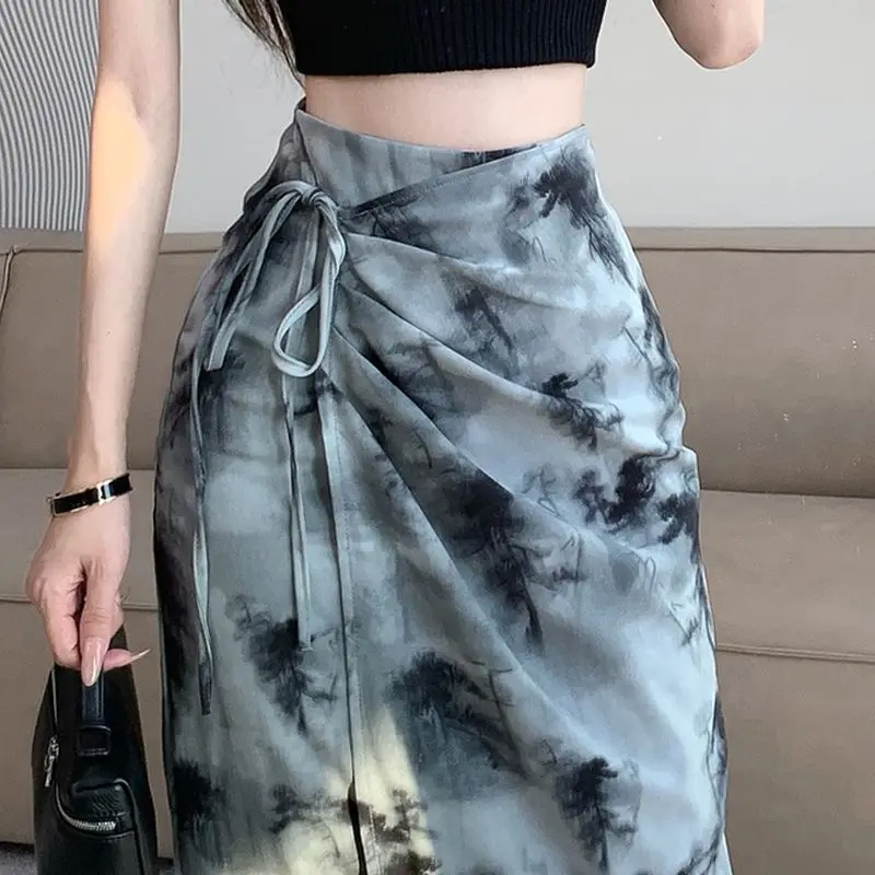 Fashion Drawstring Bag Hip Long Skirts Chinese Style Ink Painting Women's Summer Vintage High Waist Chic Irregular Split Skirts