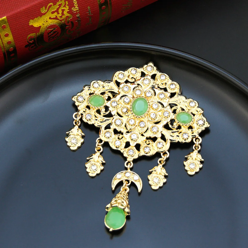 Sunspicems Elegent Crystal Women Brooch Morocco Jewelry Gold Color Arabic Caftan Hijab Brooch Pins Flower Bride Wedding Bijoux