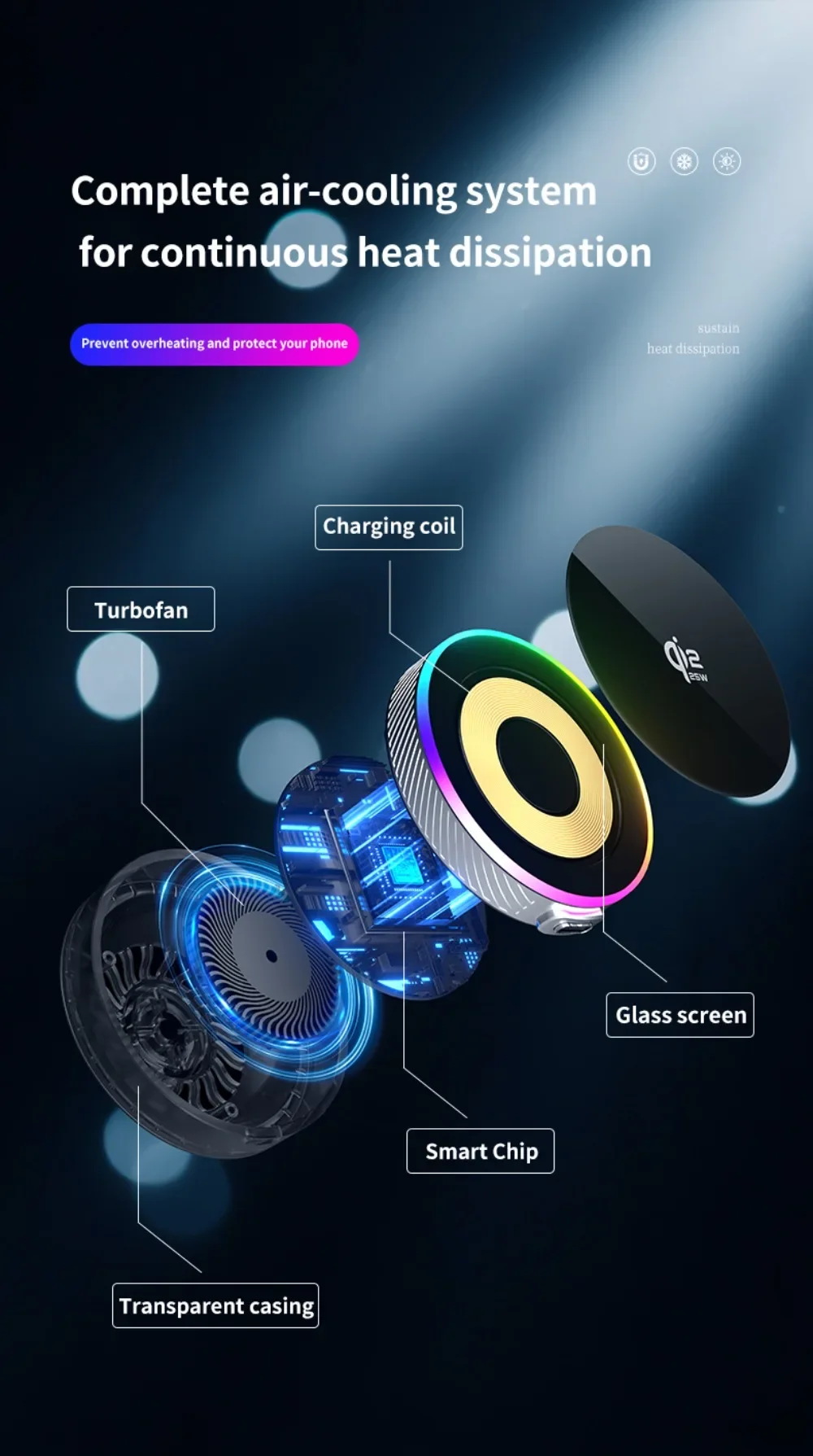 Luftgekühltes Auto-Qi2.2 25W Magnetisches Kabelloses Ladegerät mit RGB-Licht und Telefonhalterung für Magsafe iPhone 17 16 Pro Max Schnellladehalterung – Detail 8