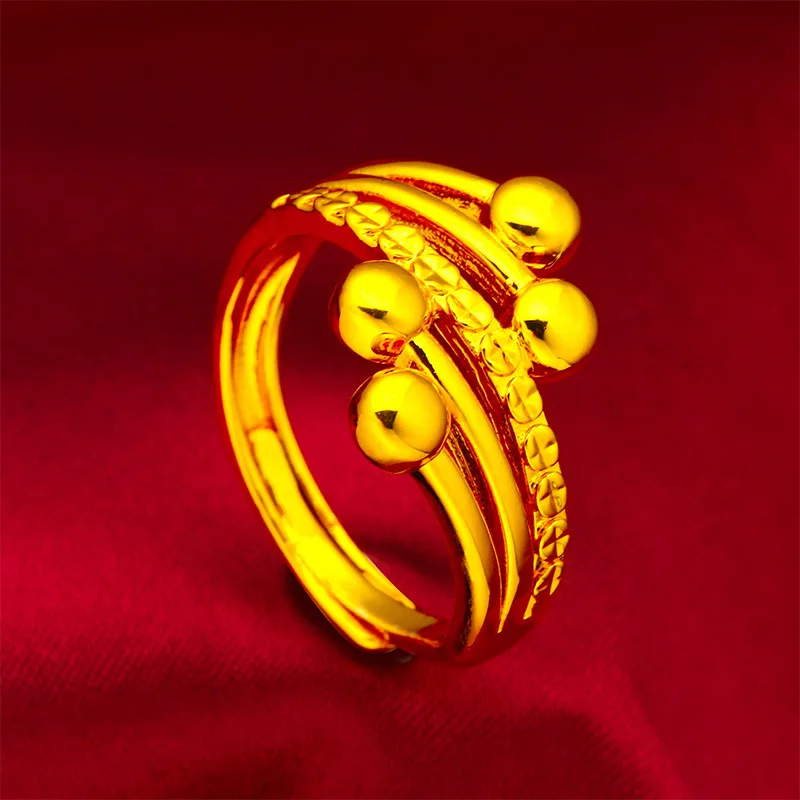 24K Gold AU999 Beaded Open Ring Women's - Polished bead edges, value-preserving, ideal for holiday gifting