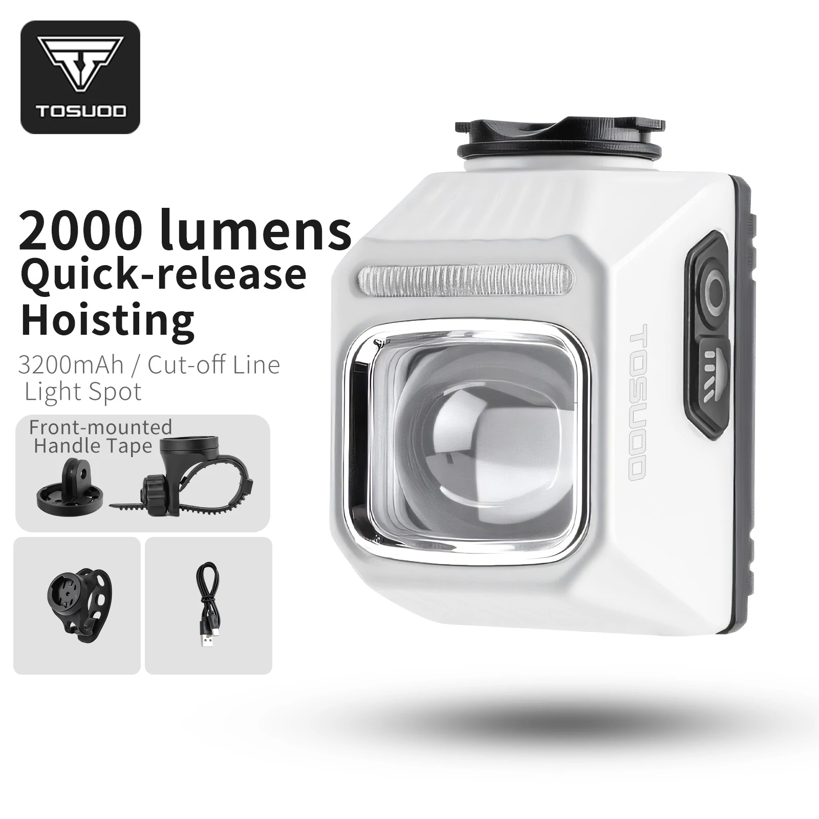 TOSUOD Bicycle Headlight 2000 Lumens 3200mAh Power Type-C Charging Bike LED Flashlight Waterproof 6 Modes Cycling Headlight