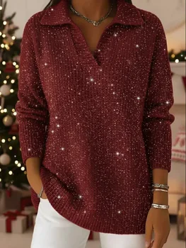 Women's V-Neck Sequin Knit Sweater 6 Fashion Sequins Sweater Lady Casual Knit Long Sleeve V Neck Pullover Sweaters Tops For Women Holiday Chic Women's Clothing New 6