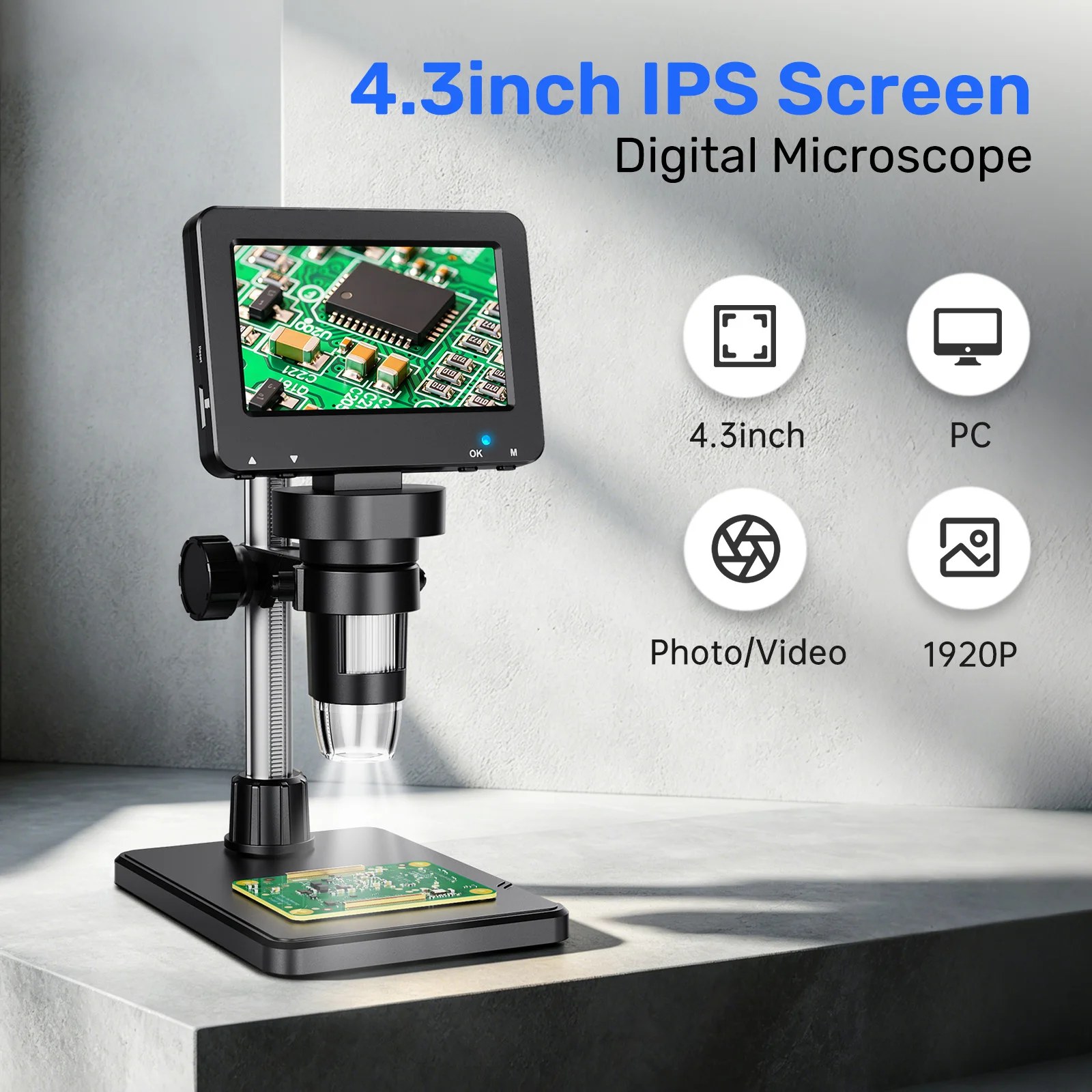 4.3Inch Digital Coin Microscope 1200X Ultra-Precise Focusing Camera 1080P Video Microscope 8 LED Lights for Coin Circuit Repair