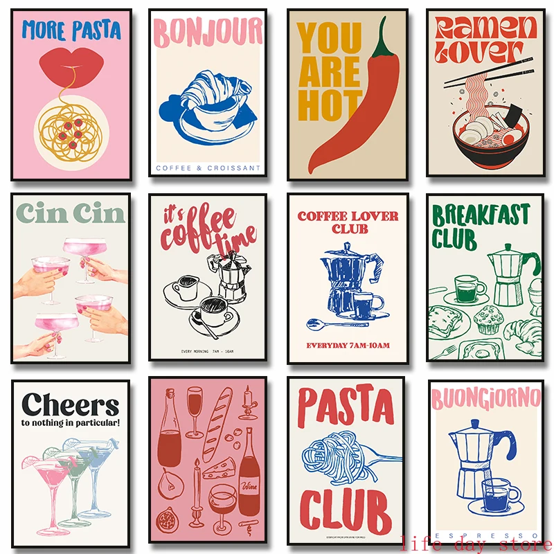 Vin à la mode Cin Cin Cheers pâtes Ramen nourriture café mur Art imprime toile peinture affiche photos pour cuisine salle maison déco