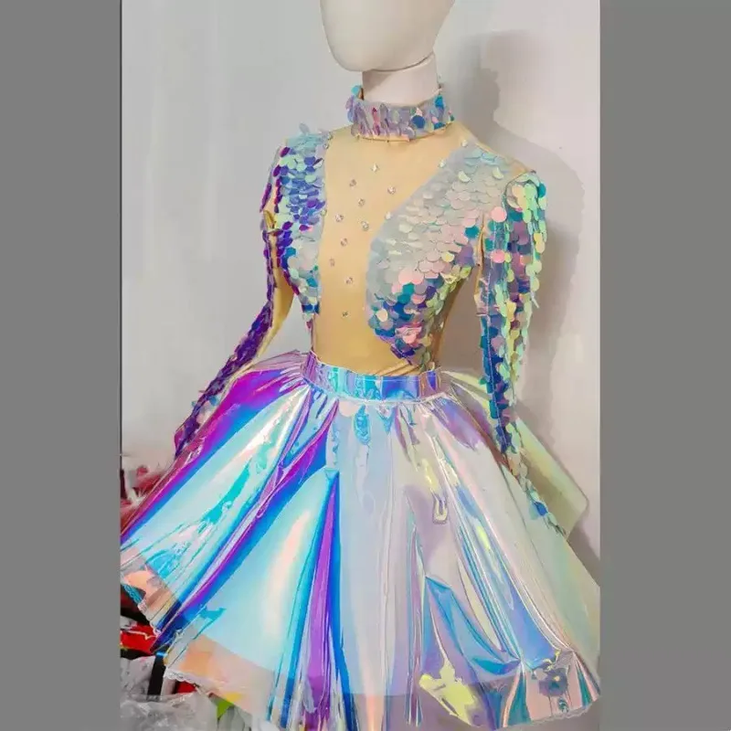 Iridescent Scale Sequin Bodysuit with Hologram Tutu Skirt, Women 2Pcs Outfit for Bar Dancer Rave Party Stage Show