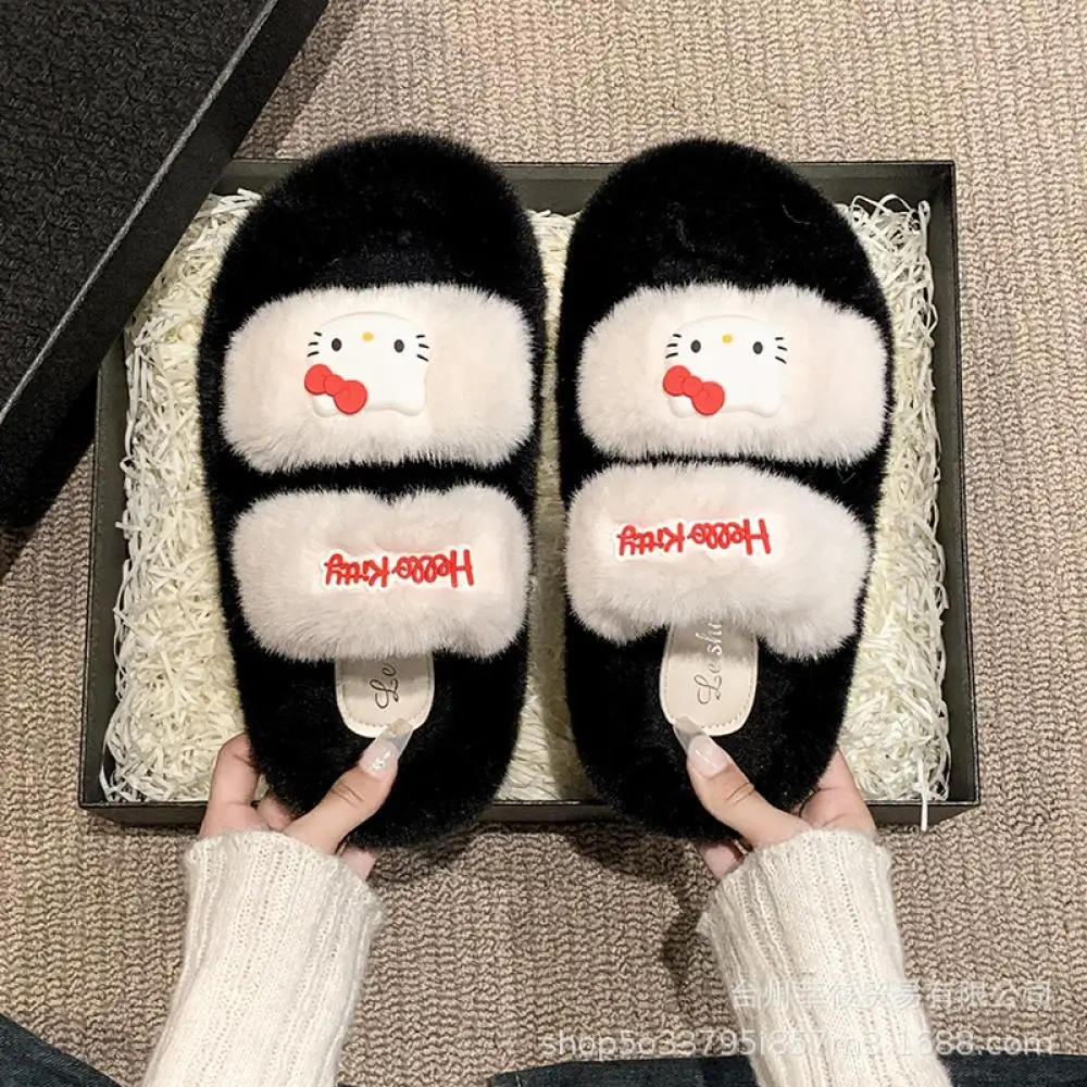 لطيف أفخم نعال من القطن Kawaii مرحبا كيتي النساء الشتاء داخلي Kt المخملية الدافئة الفراء الأحذية المنزلية سميكة سوليد الفتيات النعال