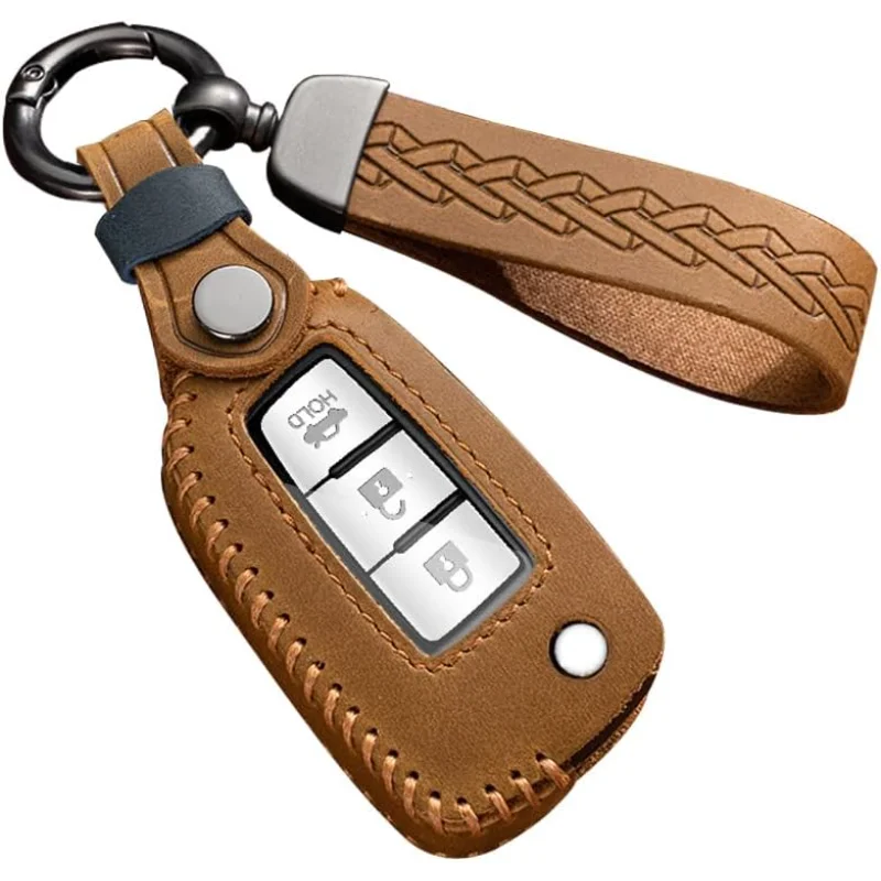 

WH Compatible With Nissan Rogue Flip Key Cover Car Key Fob Case Leather Key Skin Brown