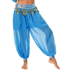 Women Chiffon Belly Dance Harem Pants Arabic Bellydance Pants Bloomers Trousers with Gold Trim Tassels Women Dancing Pants